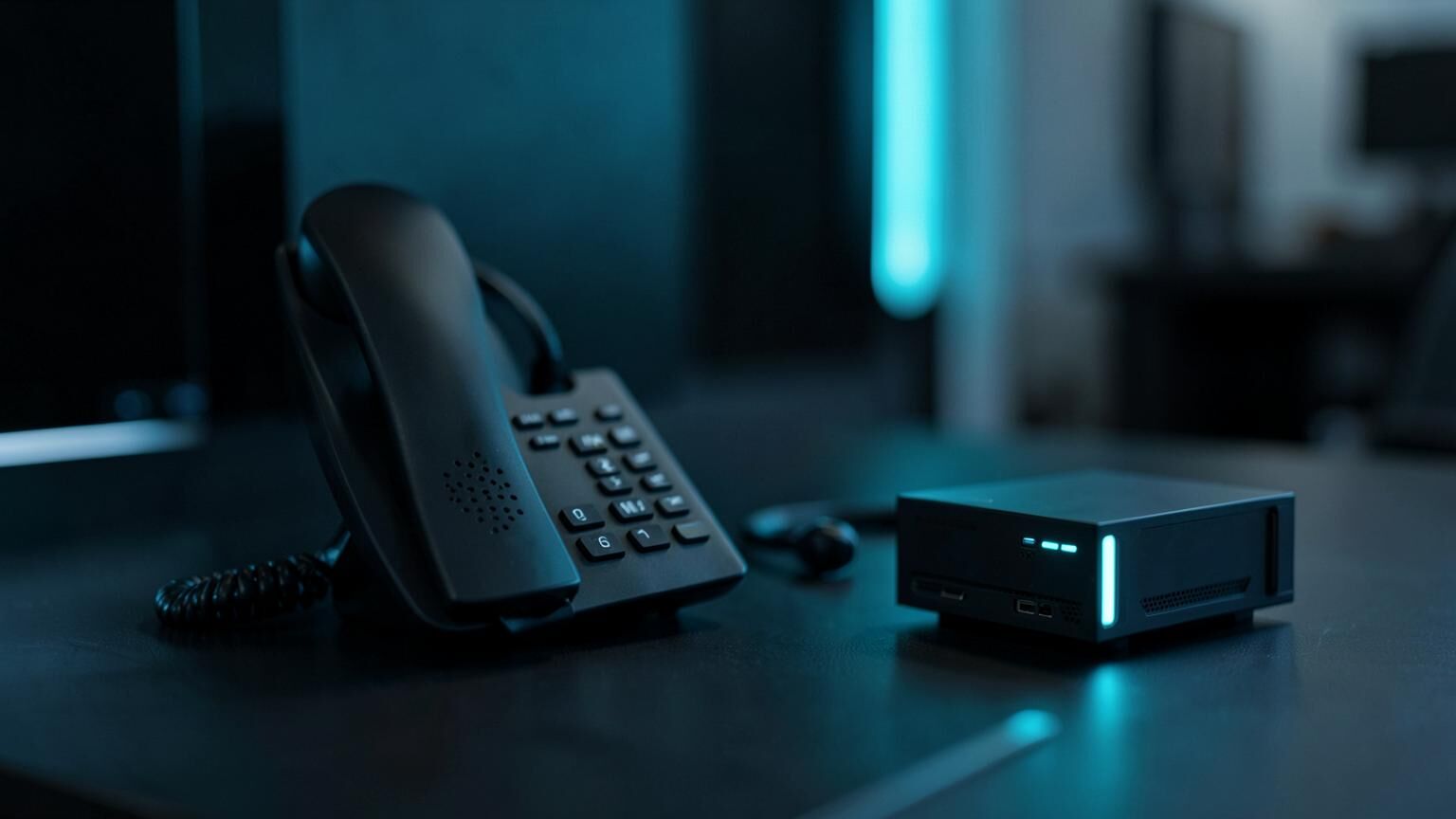 3CX business phone system: desk IP phone next to a compact PBX server node