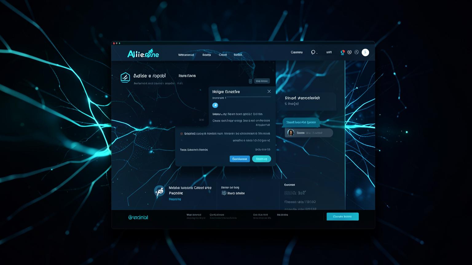 Website with an AI assistant chat panel open, connected to glowing neural network data paths