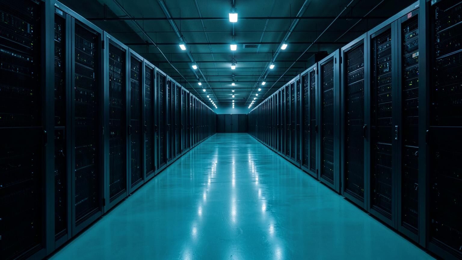 AWS style hyperscale cloud data hall aisle lined with identical server racks