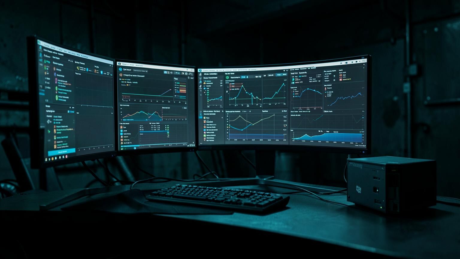 Endpoint risk analytics workstation with layered security dashboards on curved monitors