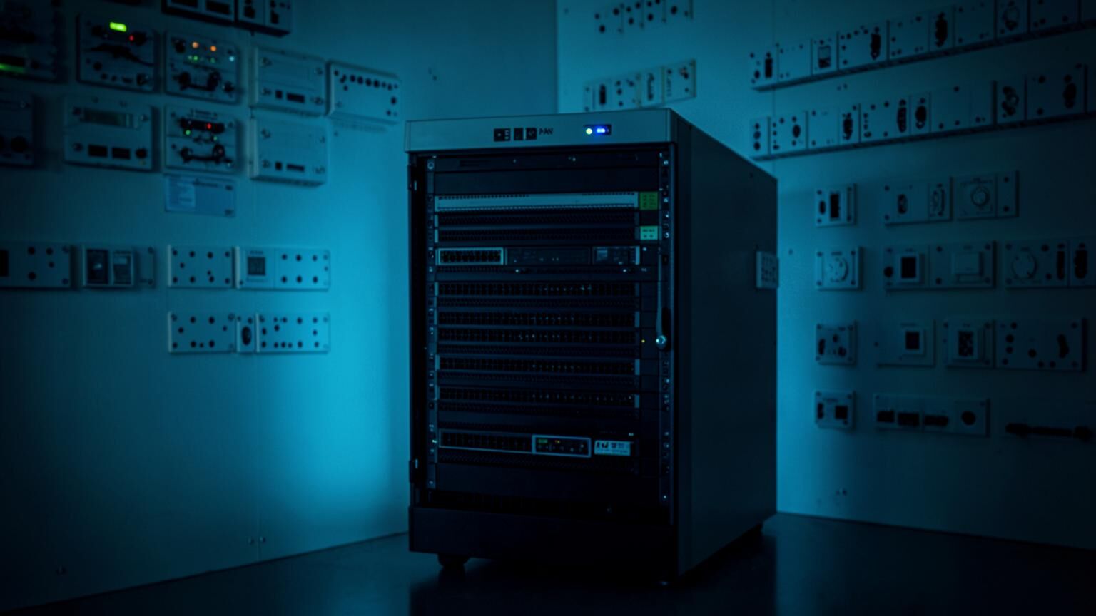 Bluehost style small business website hosting cabinet with neat patch panels