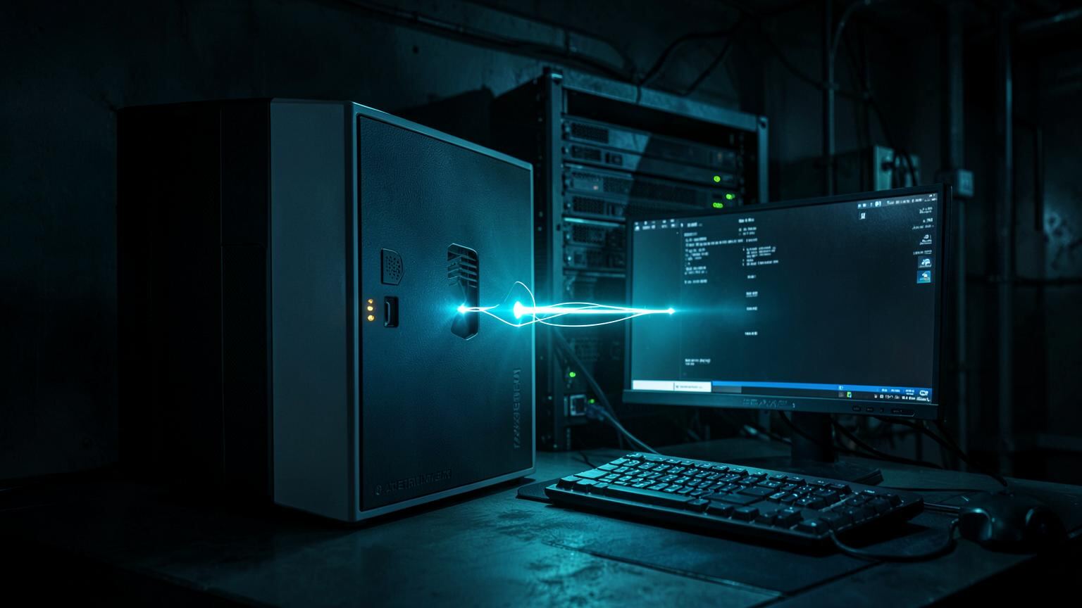 Security gateway appliance linked to a protected office workstation by a glowing secure connection