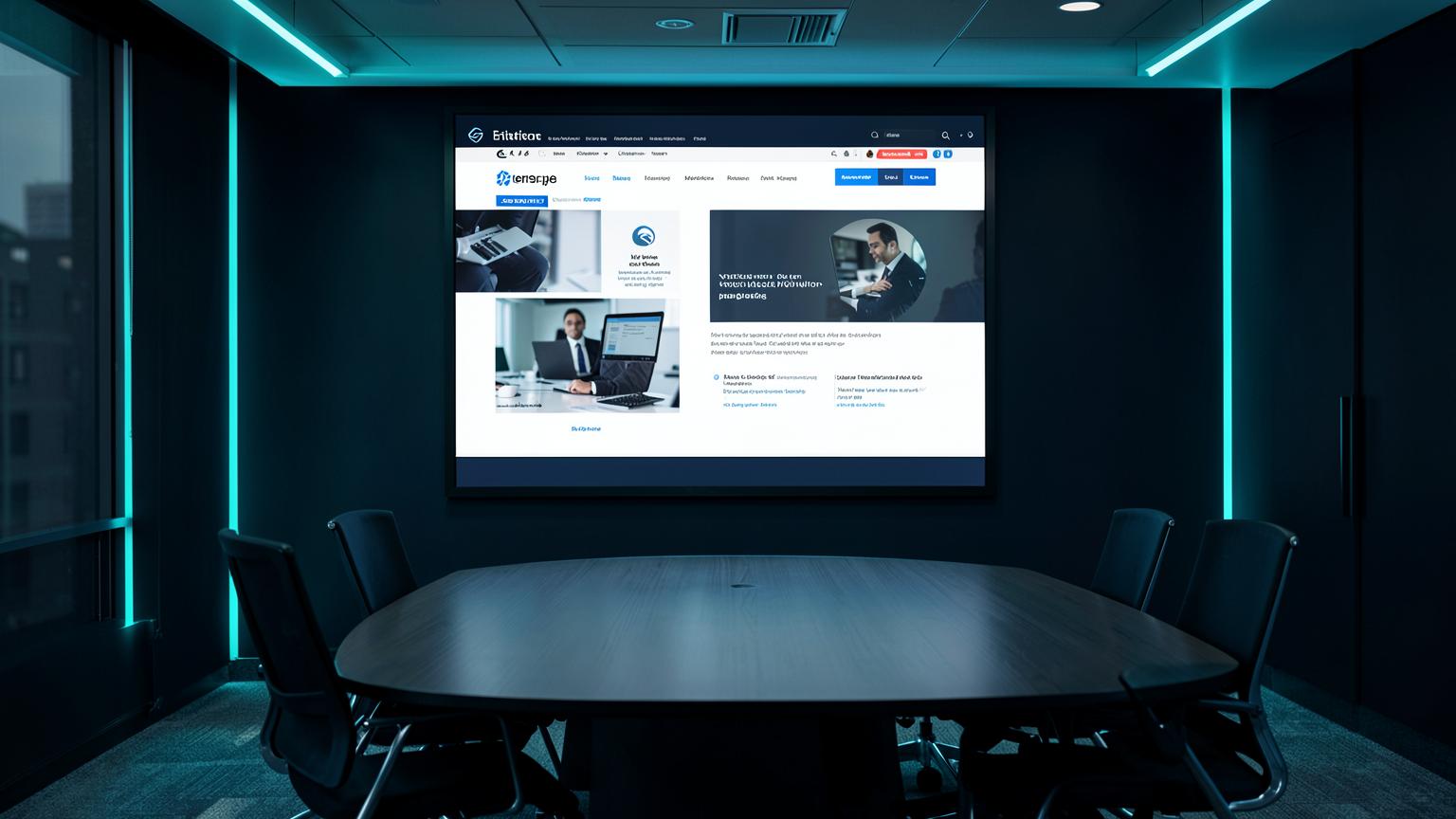 Corporate website displayed on a boardroom wall screen in a dark modern meeting room