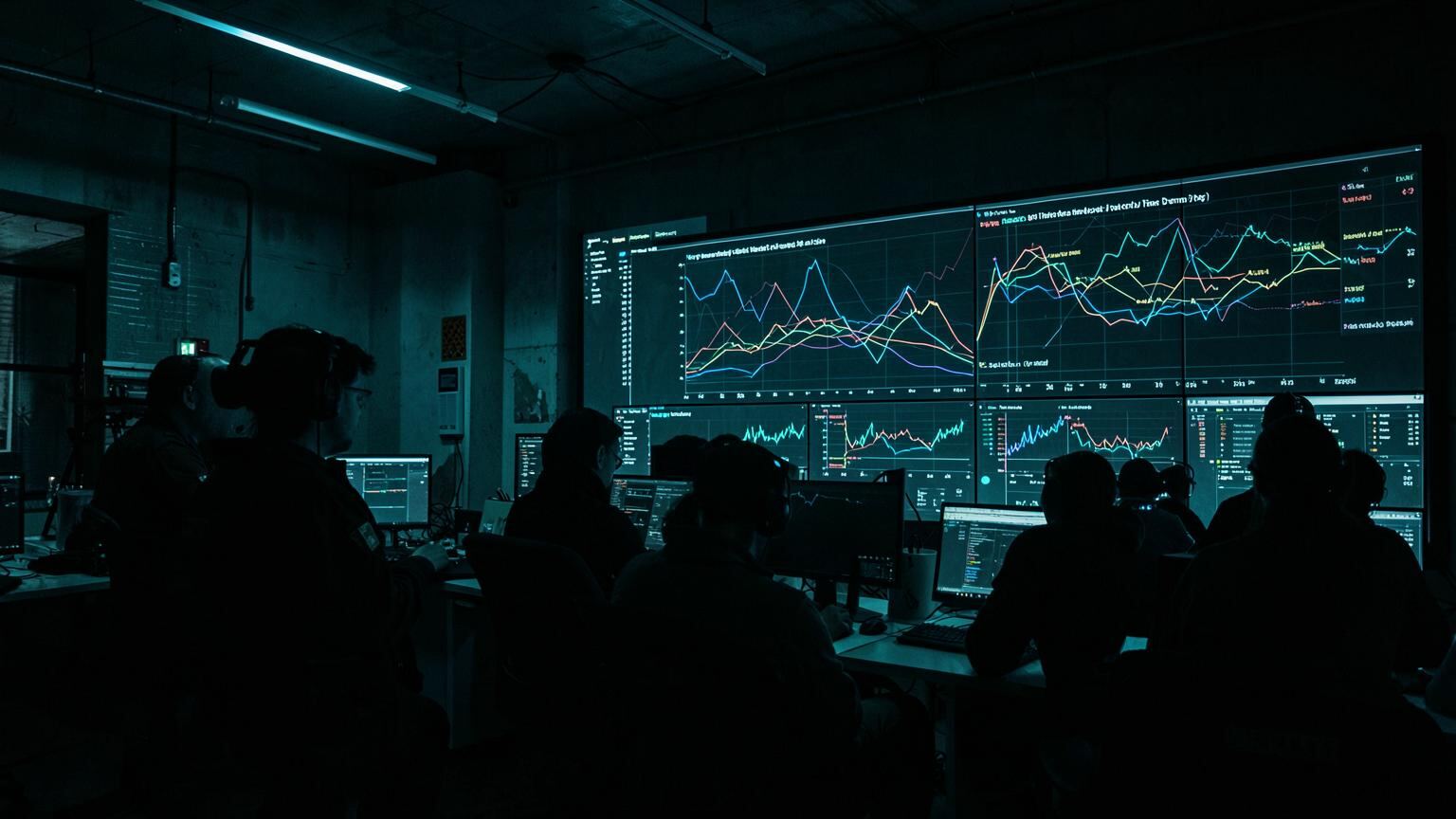 Round-the-clock threat hunting operations centre with analysts reviewing endpoint attack telemetry