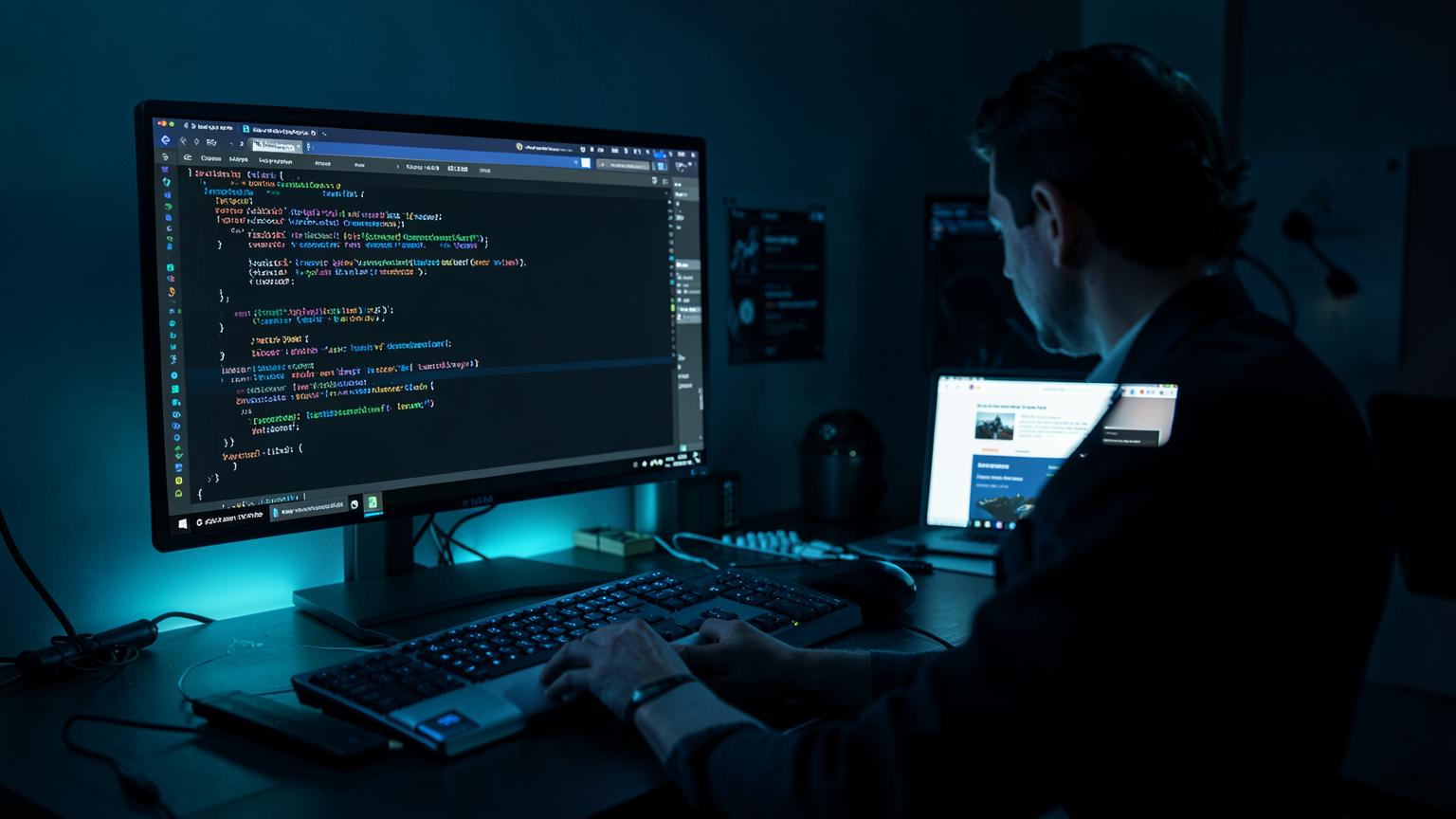 Web engineer building a custom business website, with application code on the main monitor and the live site on a laptop