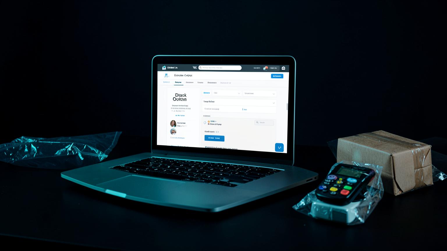 E-commerce checkout page on a laptop beside a card payment terminal and a packed parcel