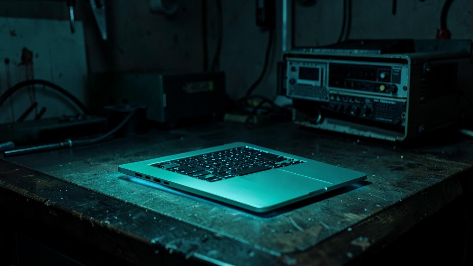 Business laptop running a lightweight endpoint security agent on a workshop bench