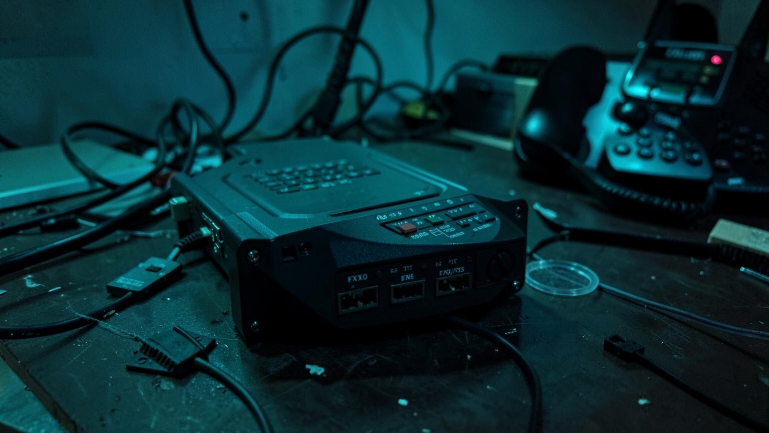 FreePBX telephony appliance with FXO and FXS gateway ports beside a desk IP phone