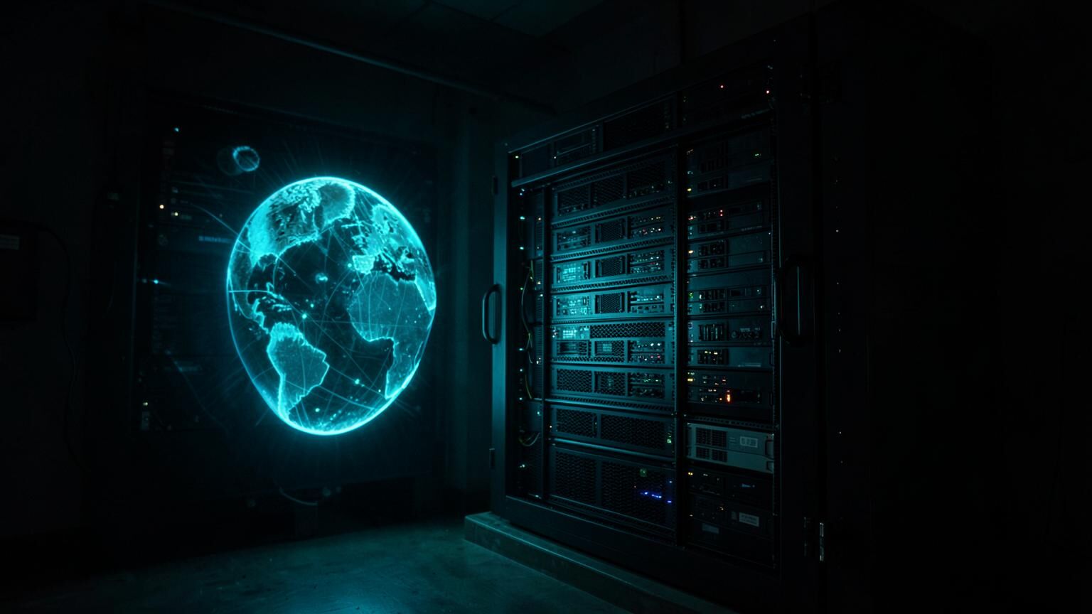 GoDaddy style domain and web hosting cabinet beside a glowing global network globe