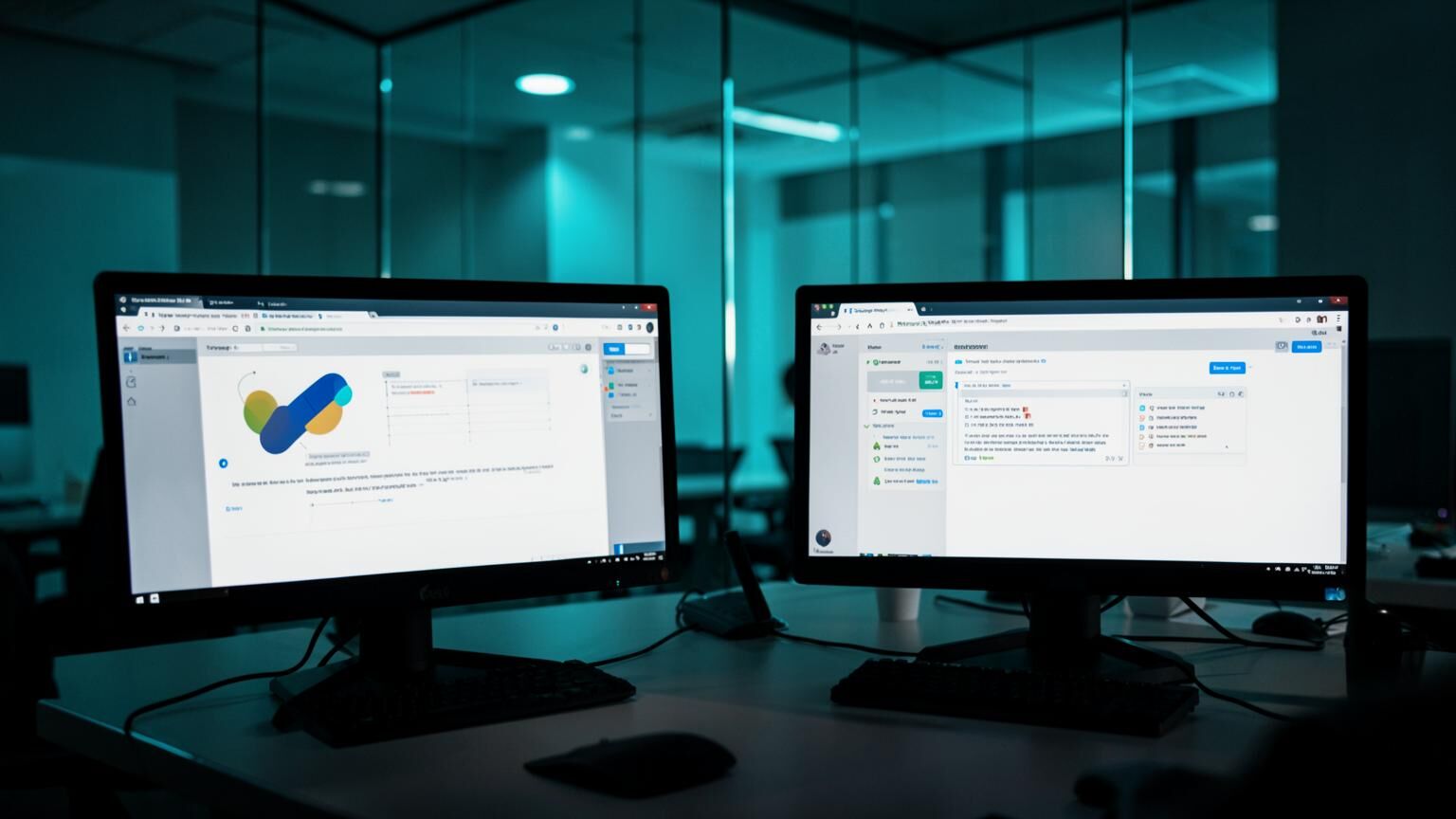 Google Workspace collaboration desk with shared documents and team chat on two screens