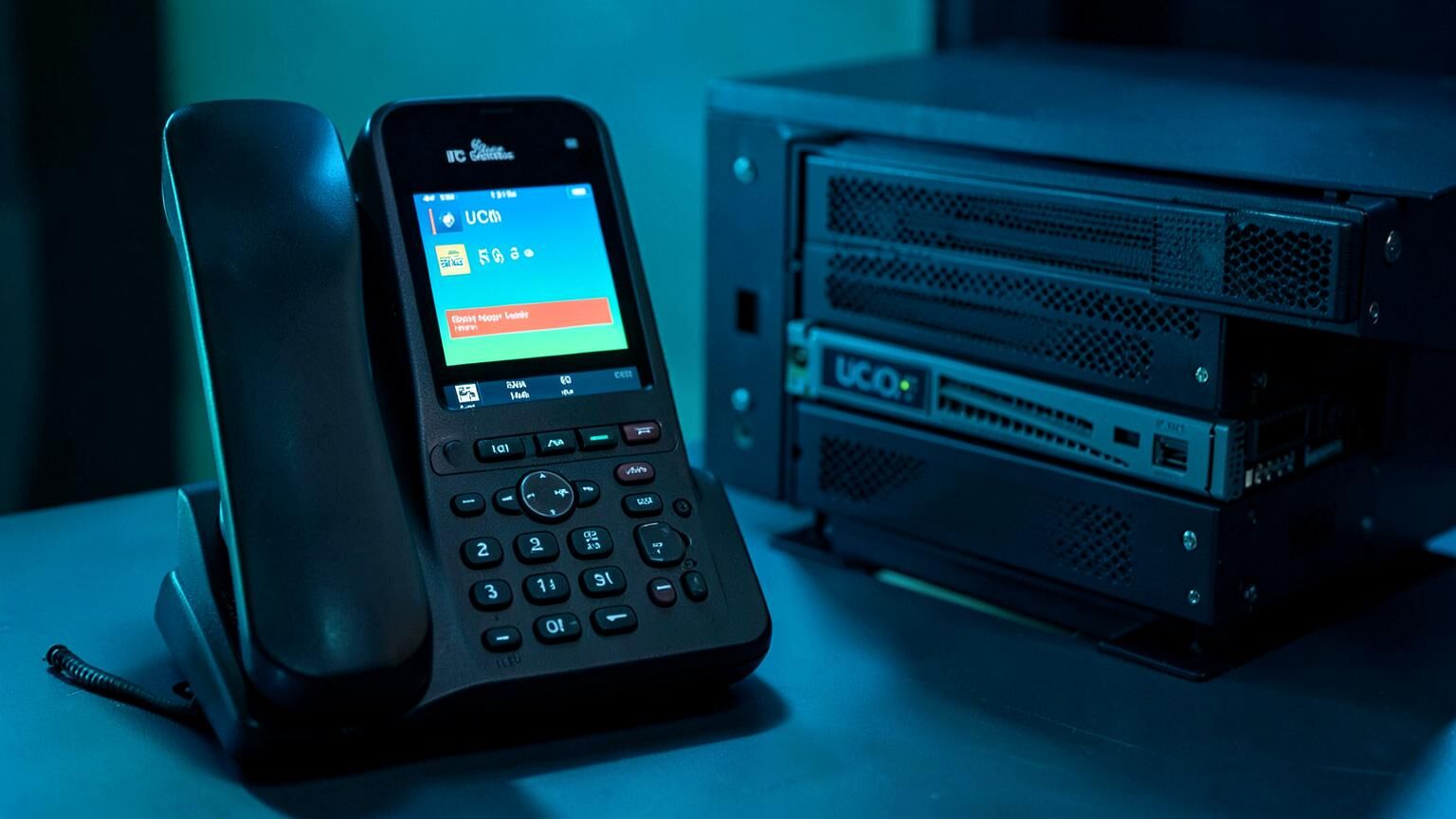Grandstream IP telephone with colour display beside a UCM telephony gateway