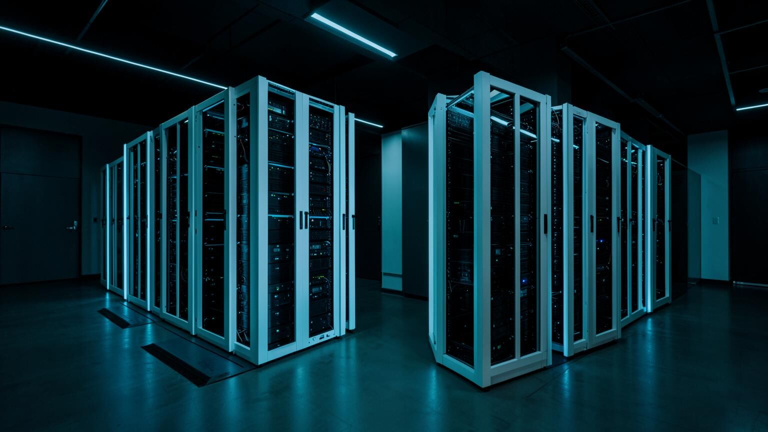 IONOS style European hosting data centre with white-framed server rows