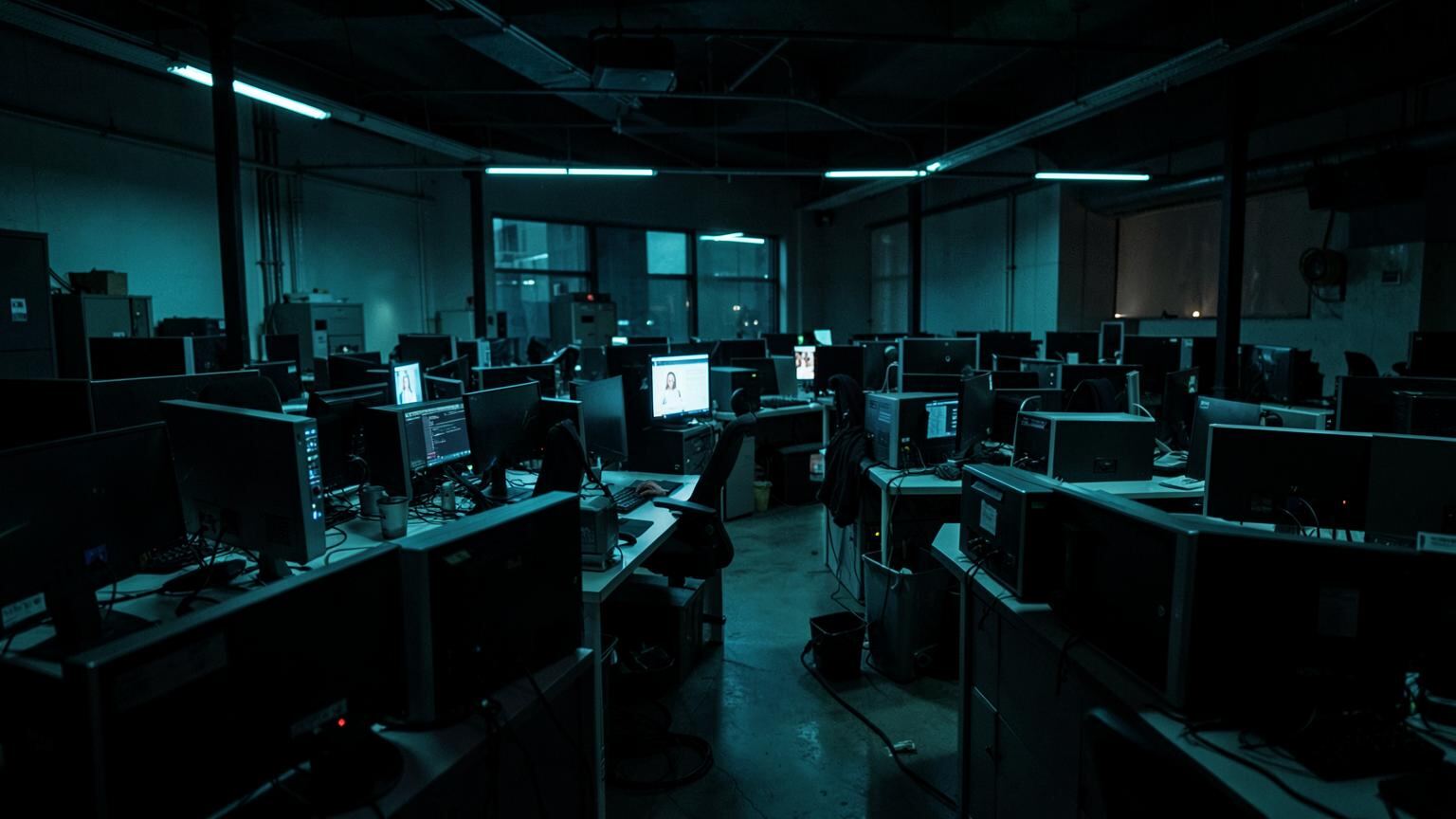 Corporate office of centrally managed desktop workstations with a single administration console lit