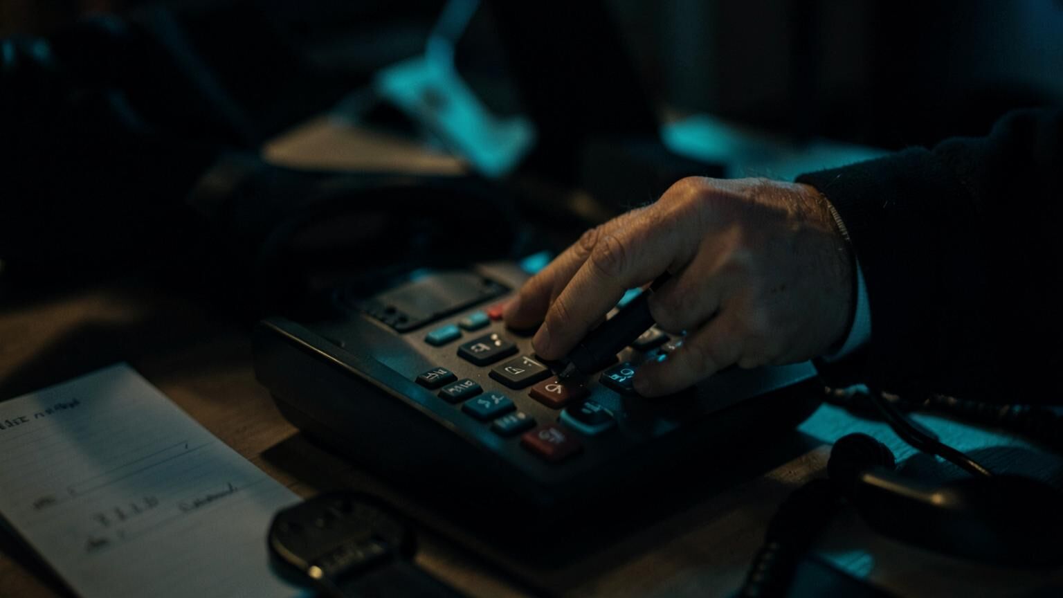 Call centre agent dialling a number manually on a desk IP phone keypad