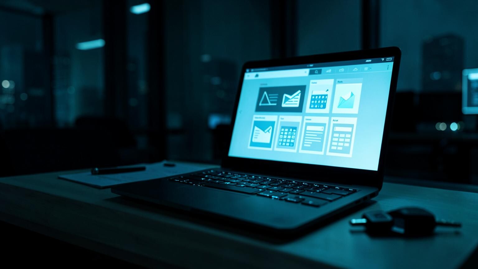 Microsoft 365 corporate workspace with mail, calendar and document apps on a laptop