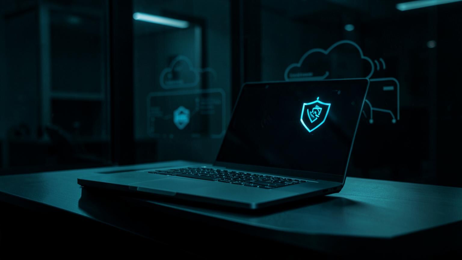 Corporate laptop showing a device compliance shield with cloud identity infrastructure behind