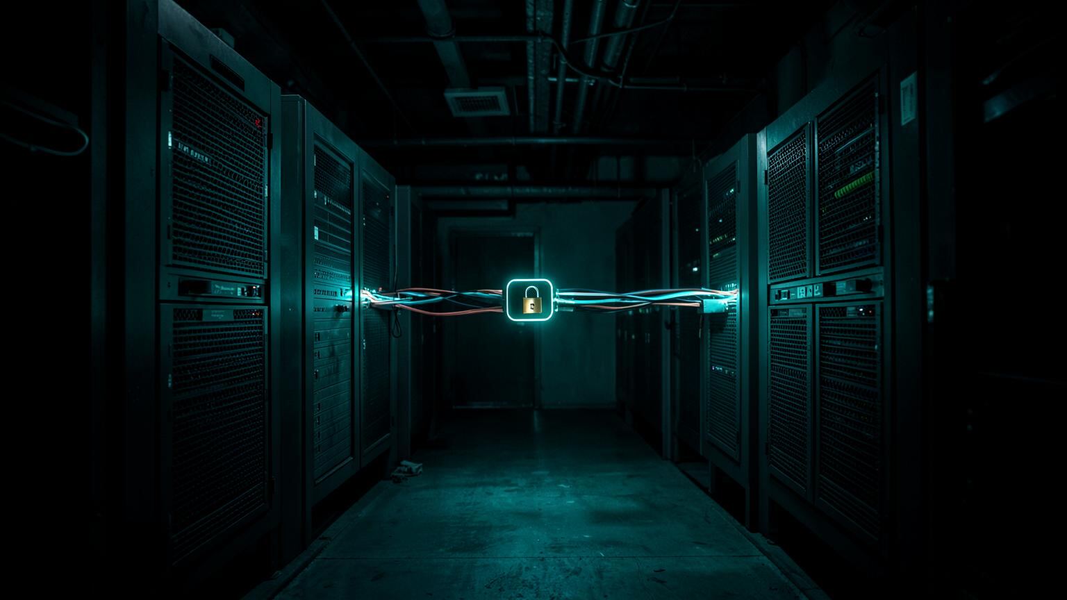 Encrypted mail transport between two data centre cabinets with a lit padlock on the link