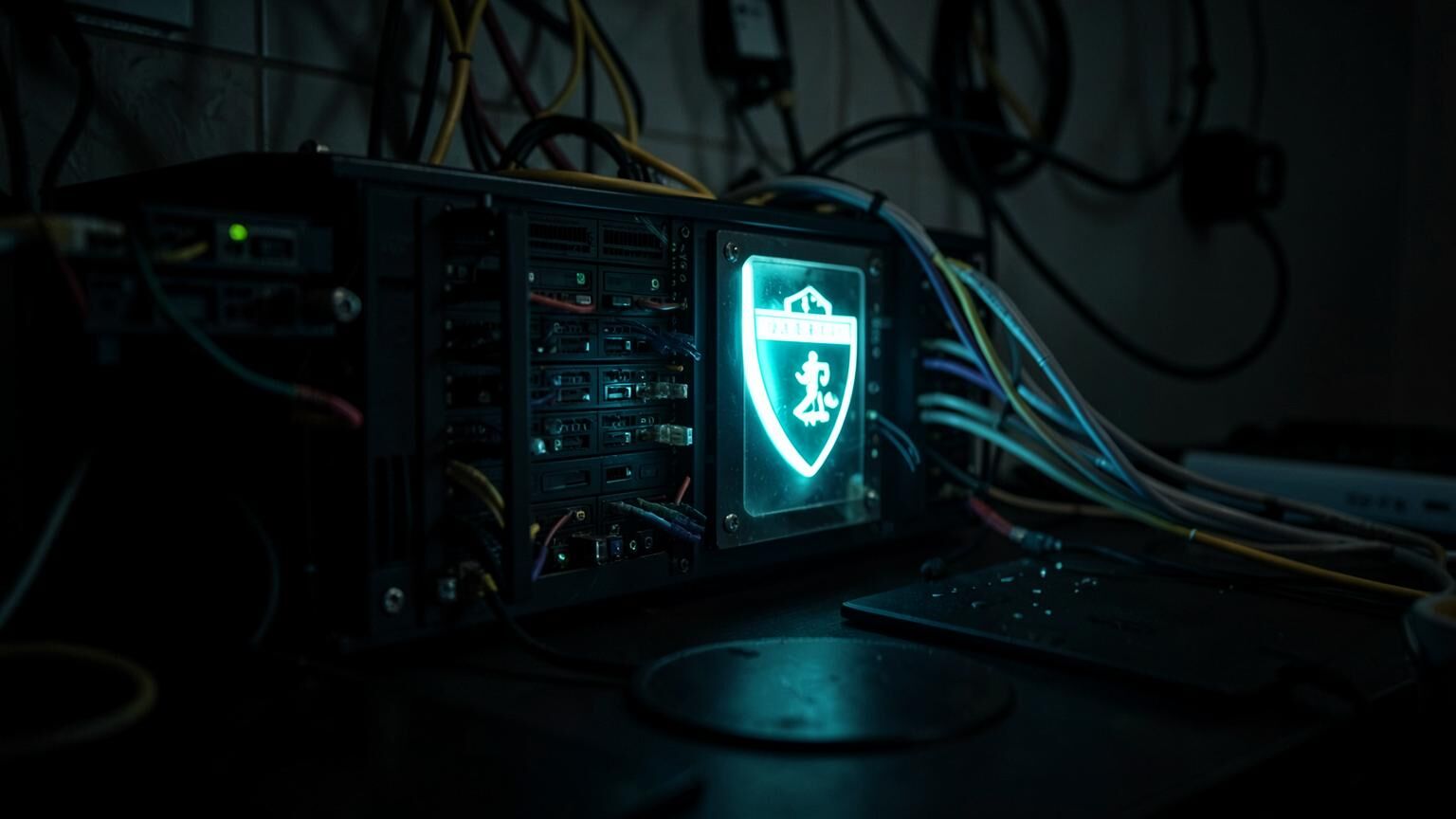 Namecheap style domain and SSL hosting server with an illuminated certificate shield