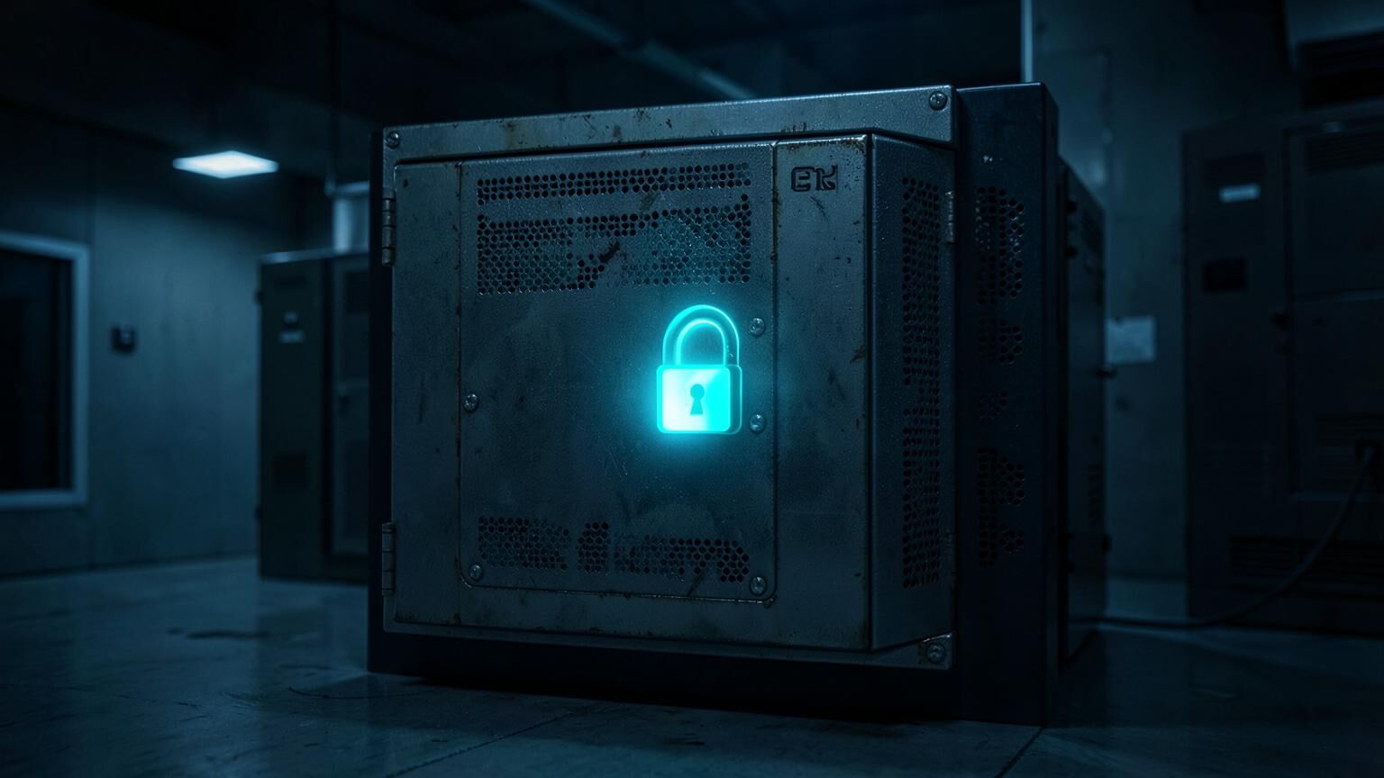 Proton Mail encrypted mail vault: hardened server enclosure with a lit padlock