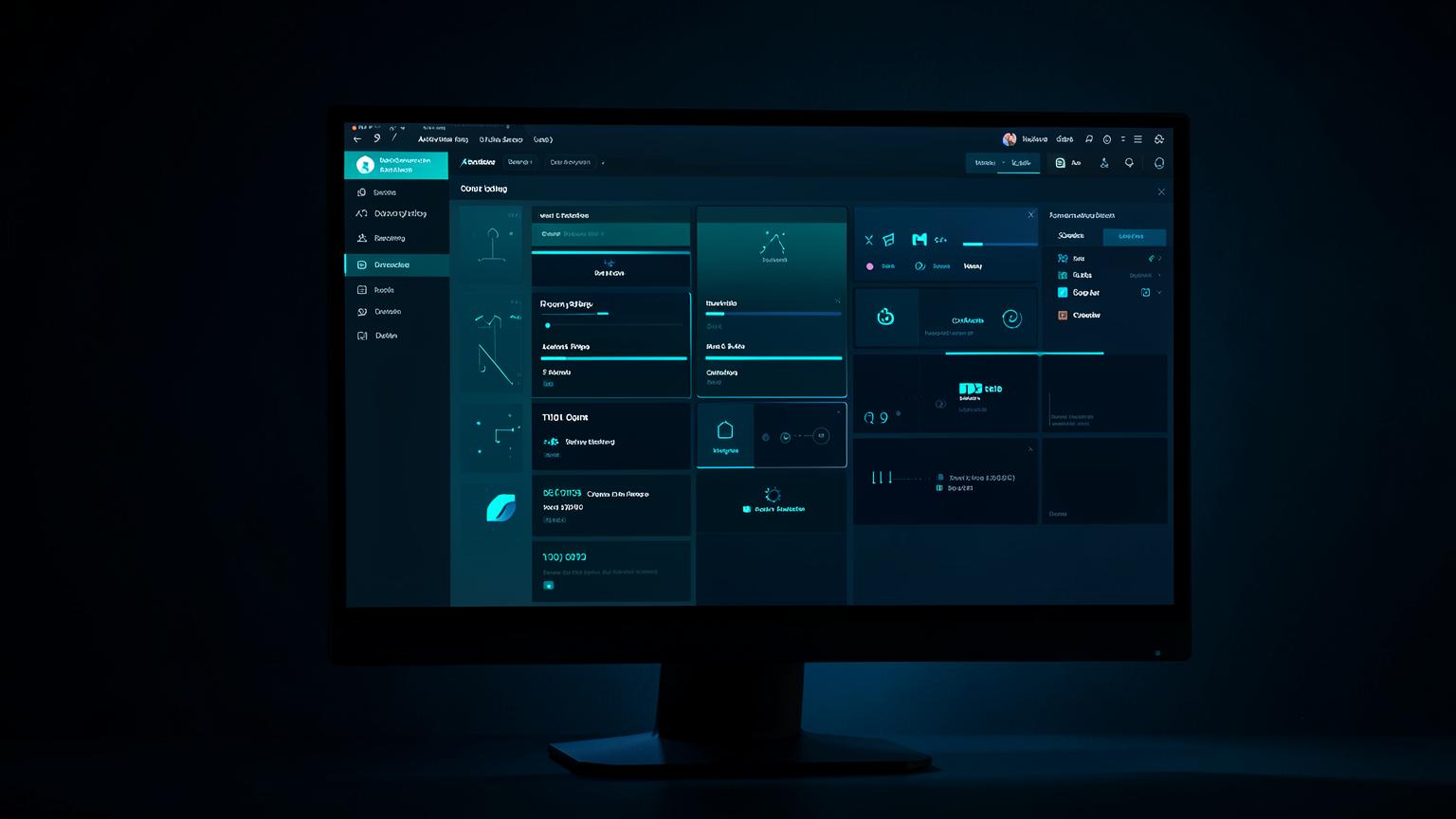 React component-based web application interface with modular dashboard panels on a widescreen display