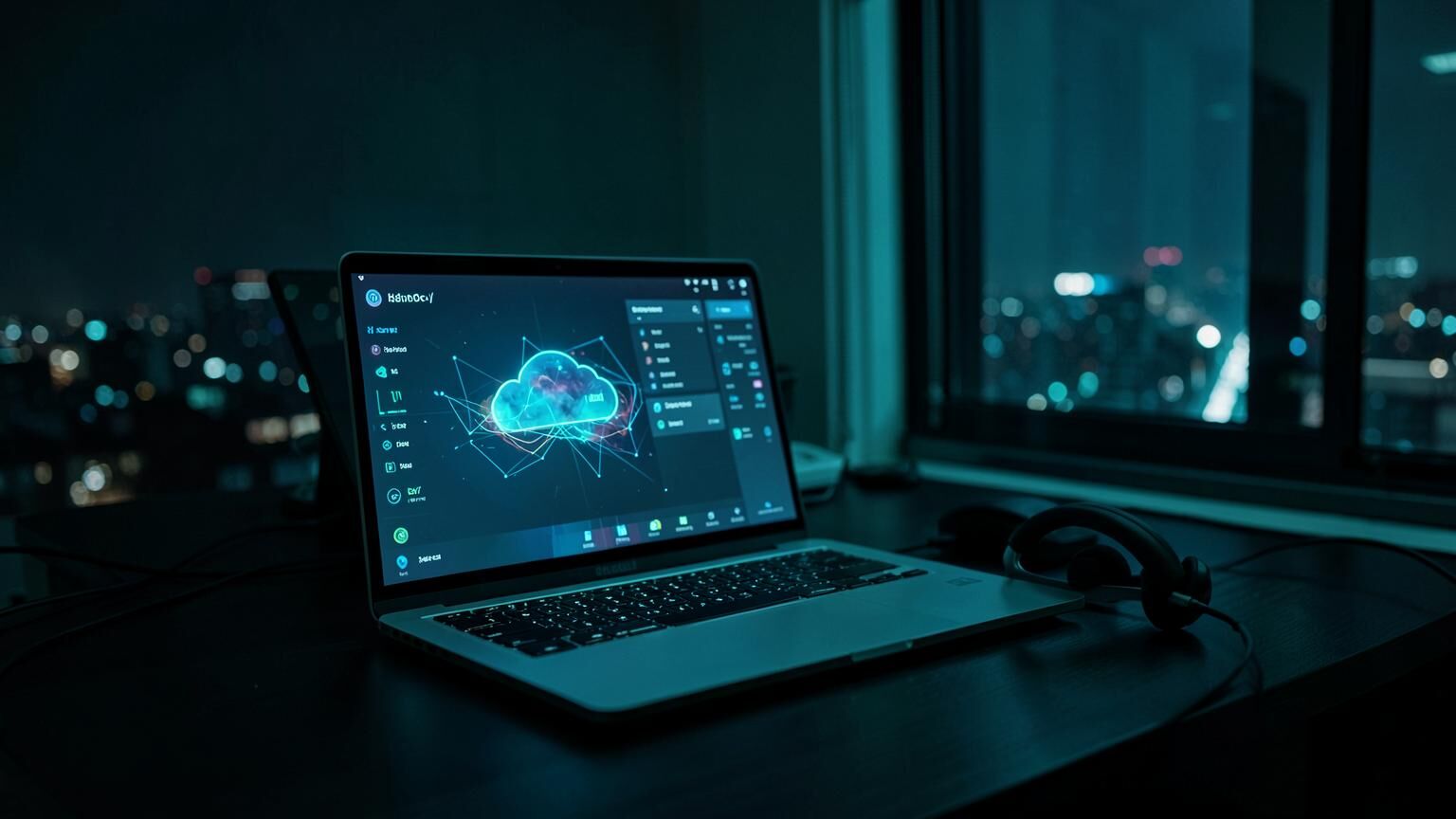 RingCentral style cloud phone system running on a laptop with a headset on the desk
