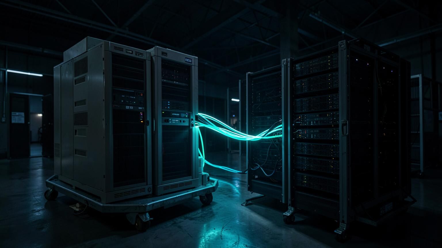 Server migration in progress with legacy servers transferring data to a new rack