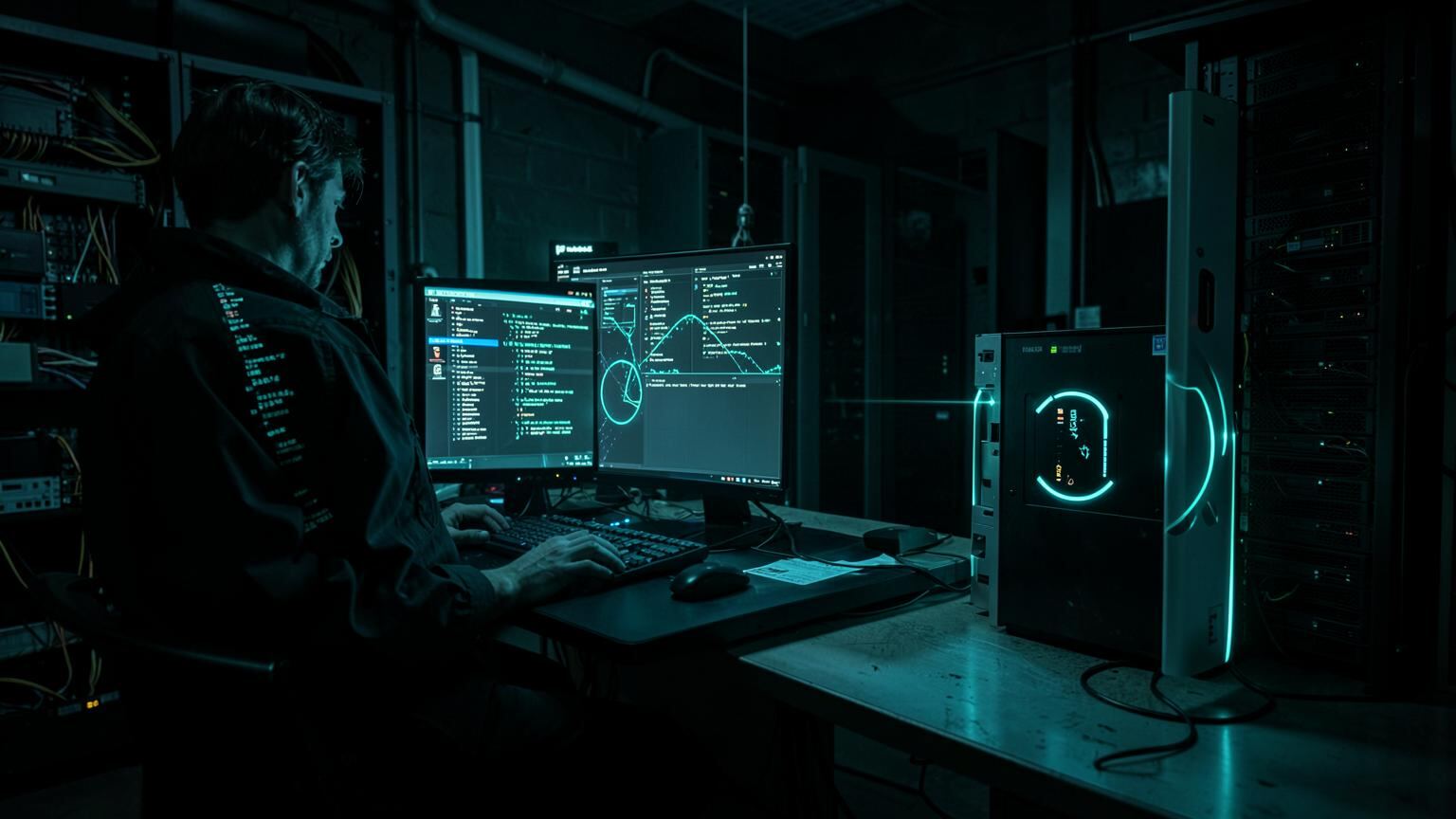Engineer restoring ransomware-encrypted files while a firewall isolates the affected machine