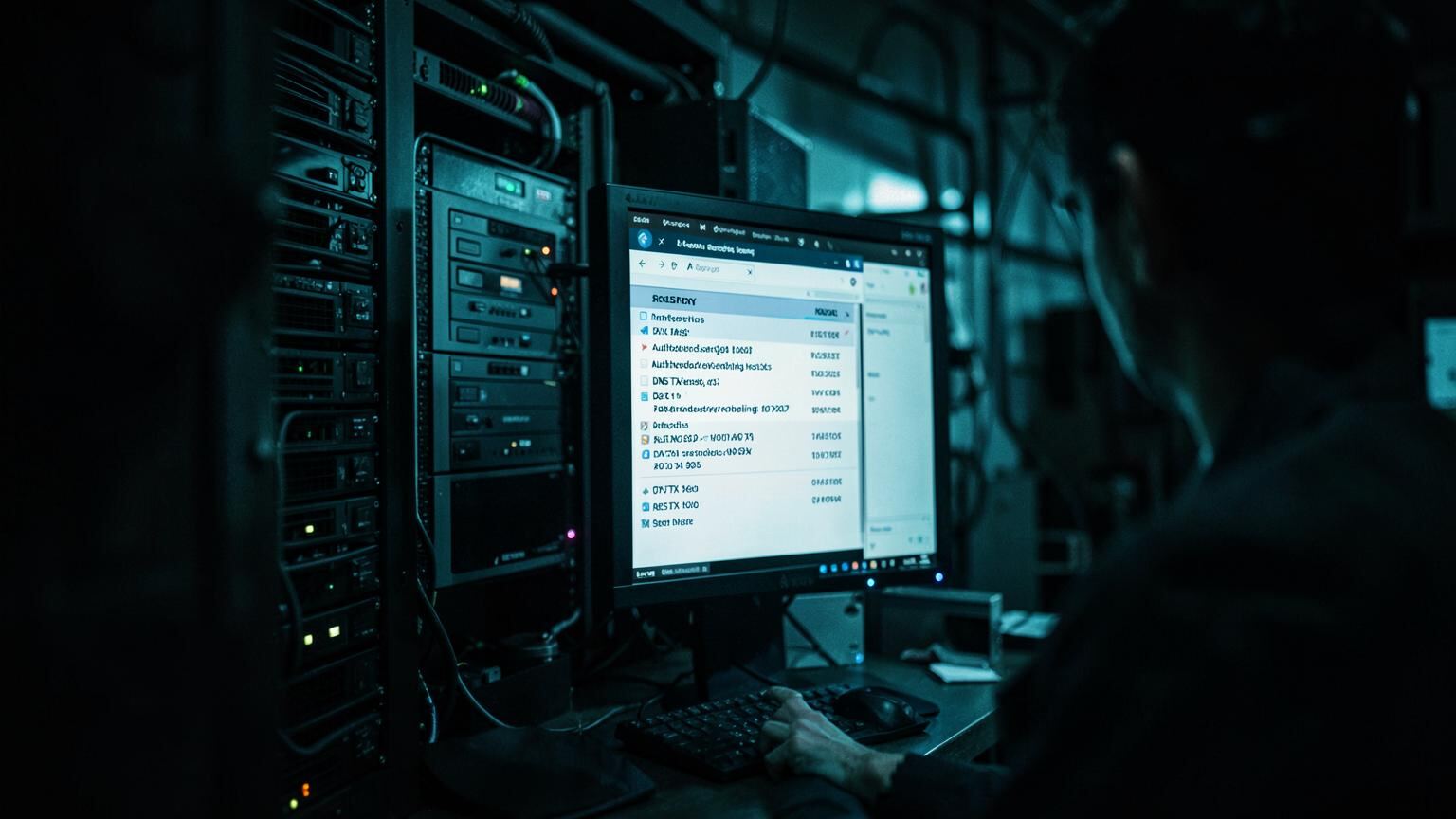 SPF sending-source inventory and DNS TXT records reviewed on an engineer console beside a mail relay rack
