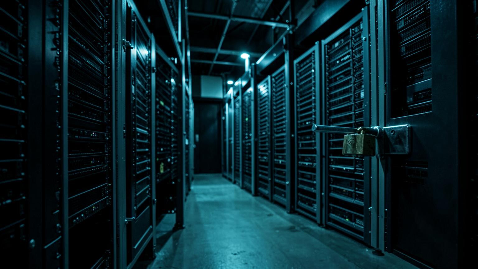 Cloud object storage hall of disk shelves with a locked immutability latch in the foreground