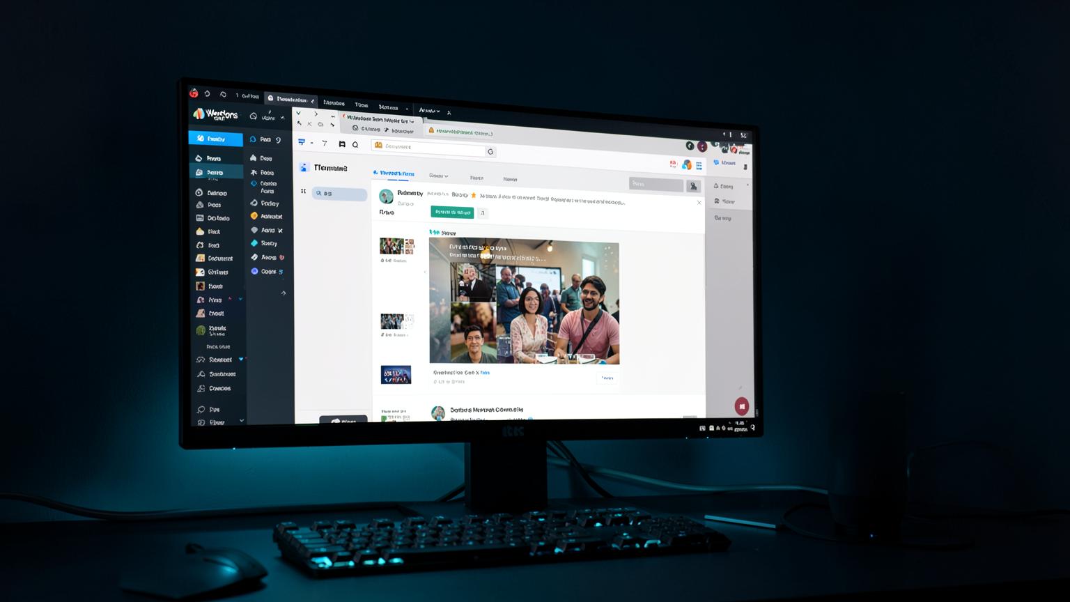 WordPress content management dashboard and a custom theme preview open on a workstation monitor