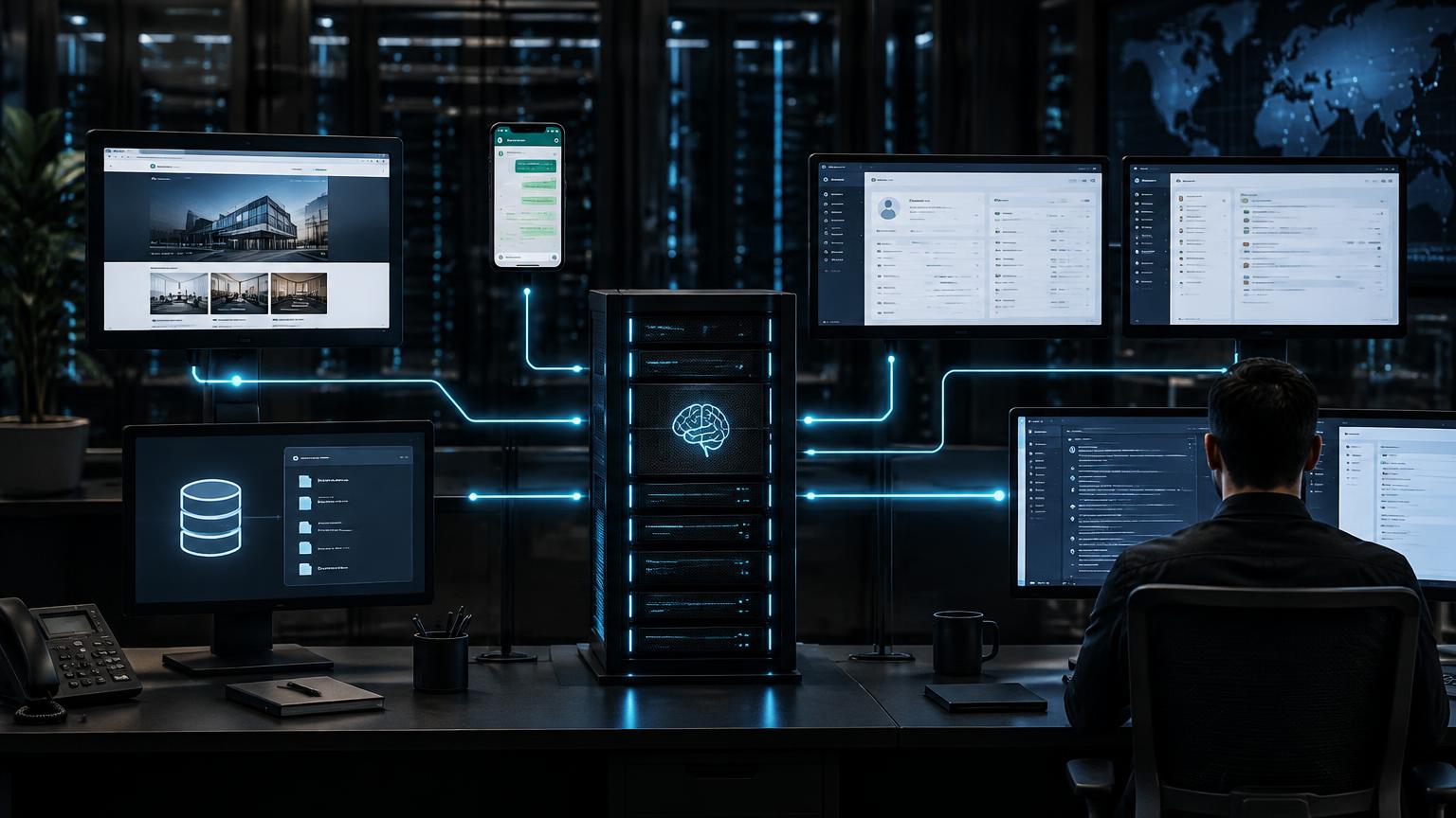 Secure AI chatbot architecture connecting website and WhatsApp conversations to approved knowledge and business systems