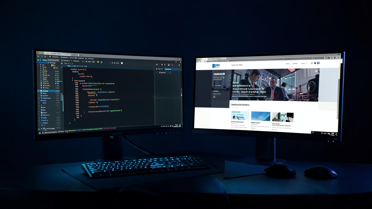 Web engineering workstation showing application code beside a finished business website